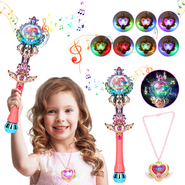 Princess Toys Light Up Magic Wand for Girls, Fairy Wand and Necklace with Spinning LED Light and Sound, Girl Birthday Party Favors, Valentines Day Gifts for Kids Age 3 4 5 6 7 8 9 10