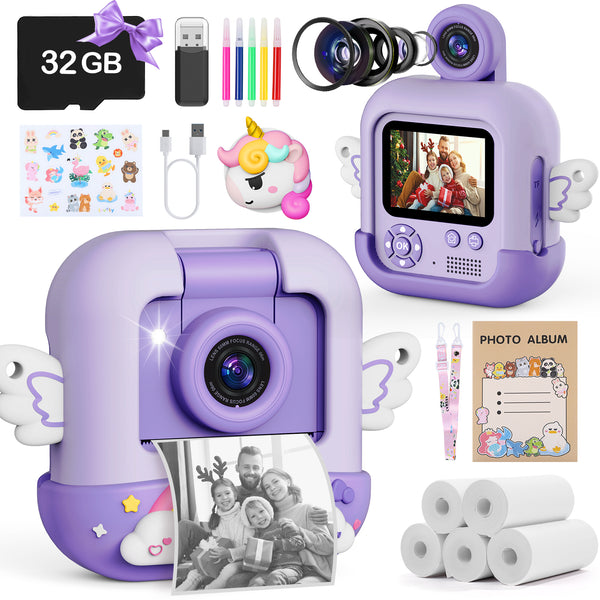 Instant Print Camera for Kids,48MP Unicorns Digital Camera Toys for Kids with 5 Printing Paper & 32G TF Card,Birthday Toy Camera Gifts for Girls Boys 3-12