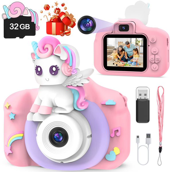 Kids Camera,Unicorn Camera 1080P HD Digital Video Camera for Girl Toys 3-12, Selfie Camera Toys for Girls, Toddlers Birthday Easter Gift Toy for 3 4 5 6 7 8 9 10 Boys with 32GB SD Card