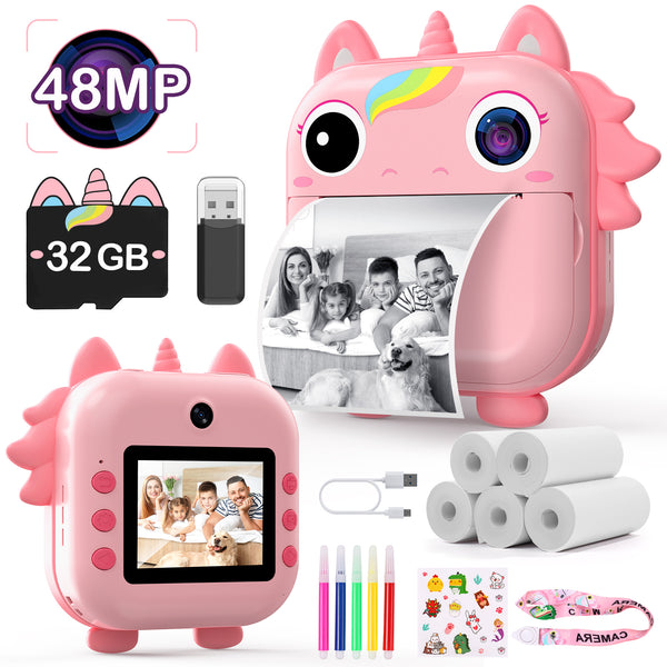 Instant Camera for Kids,Unicorns Kids Camera Instant Print Toys for Girls,Selfie Video Camera for Kids Age 3-12,48MP Digital Camera 32G TF Card&5 Roll Print Paper,Toddler Toys Birthday Gift for Girl