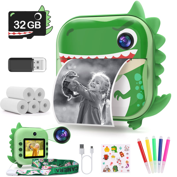 Skirfy Kids Camera Instant Print,Digital Camera for Kids with 5 Print Paper&32G TF Card&Reader,Dinosaur Selfie Camera with Color Pens&Stickers,48MP Video Camcorder with Lanyard,Gift for Boys Girls